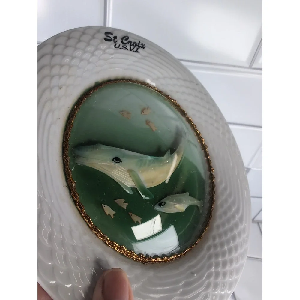 Vintage St. Croix Set Of 3 Plates Souvenir 3D Bubble Glass Mother Of Pearl Birds
